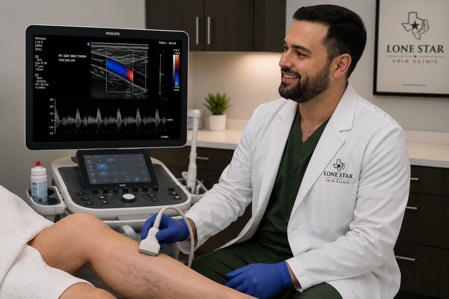 Dr. Abdullah performing a vein ultrasound scan on a patient's leg at Lone Star Vein Clinic in Georgetown, TX